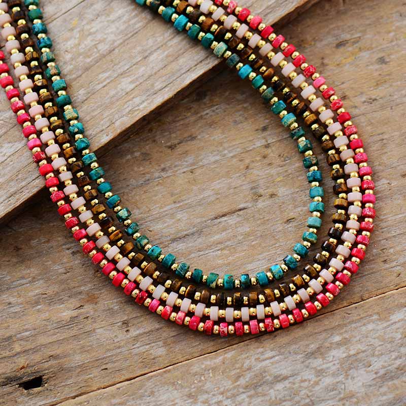 Red and Orange Bead Raised Collar Bib Necklace Set with Turquoise Stone Bead  Detail- Order Wholesale