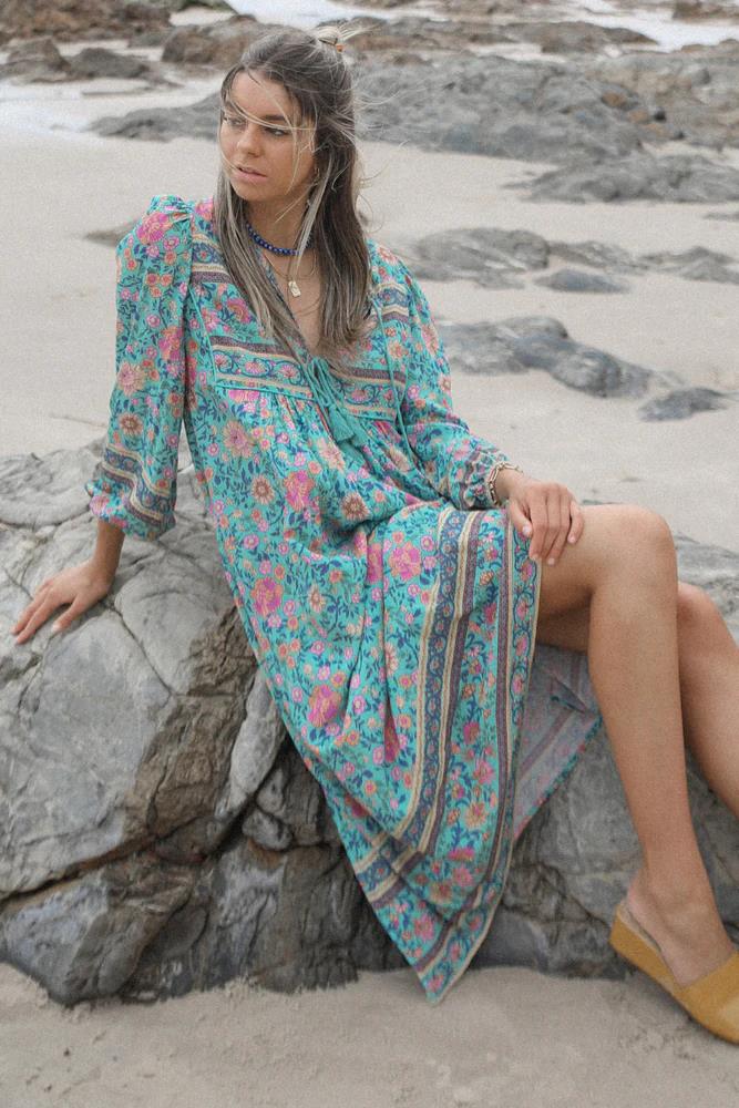 Vintage Boho Folk Town Rayon Cotton Tunic Summer Midi Dress – Ishka
